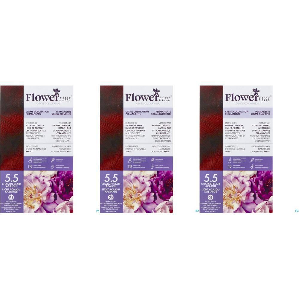 Drie pakken FLORWERTINT Permanente Haarkleuring 5.5 Lichtbruin Mahonie met bloemenprint.