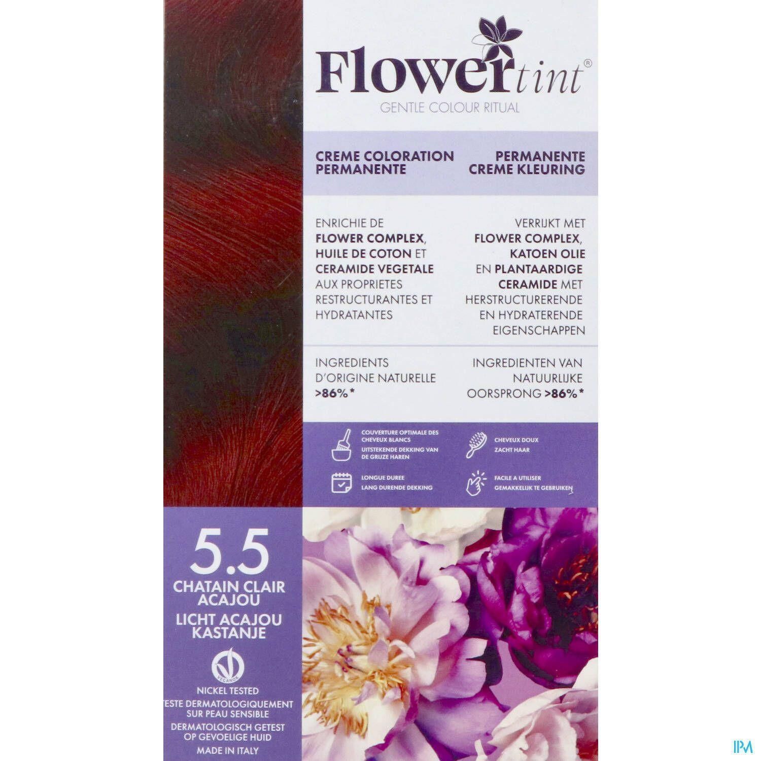 Flower tint coloration permanente crème 5.5 Chatain Clair Acajou. Enrichie de Flower Complex, huile de coton et céramide végétale.