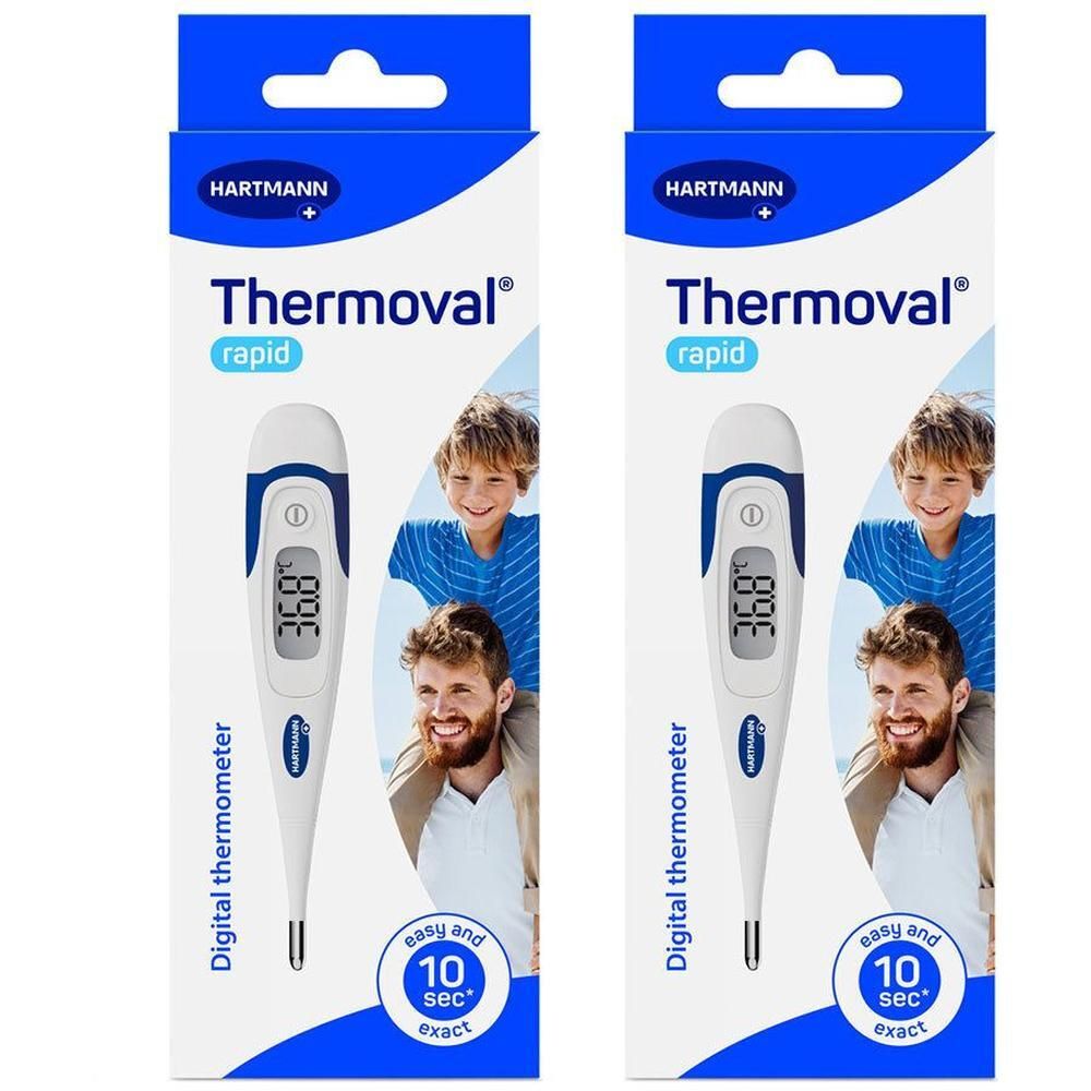 Deux thermomètres numériques Hartmann Thermoval® Rapid dans leur emballage. Affiche 36.8°C. Mesure en 10 secondes.