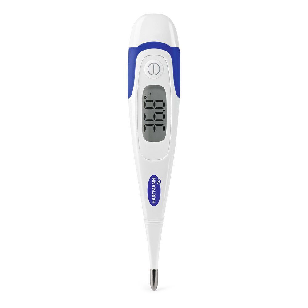 Een Hartmann Thermoval® Rapid digitale thermometer. Toont 39.4°C. Wit en blauw omhulsel.