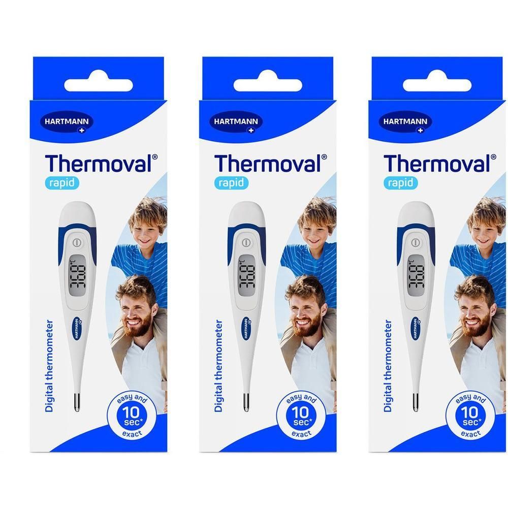 Trois thermomètres Hartmann Thermoval® Rapid dans leurs emballages. Affiche 36.8°C, mesure en 10 secondes.