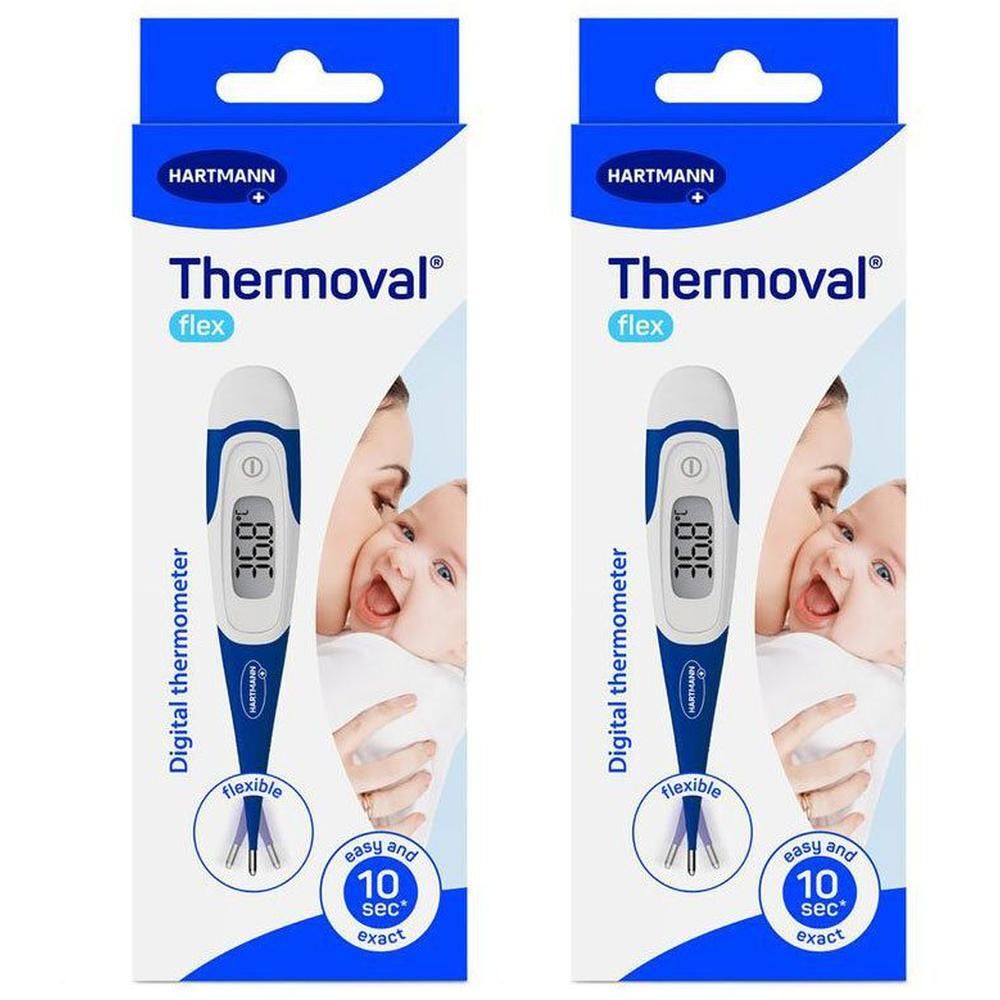 Deux thermomètres numériques Hartmann Thermoval® Flex dans leur emballage. Appareils bleus et blancs avec embout flexible et affichage numérique.