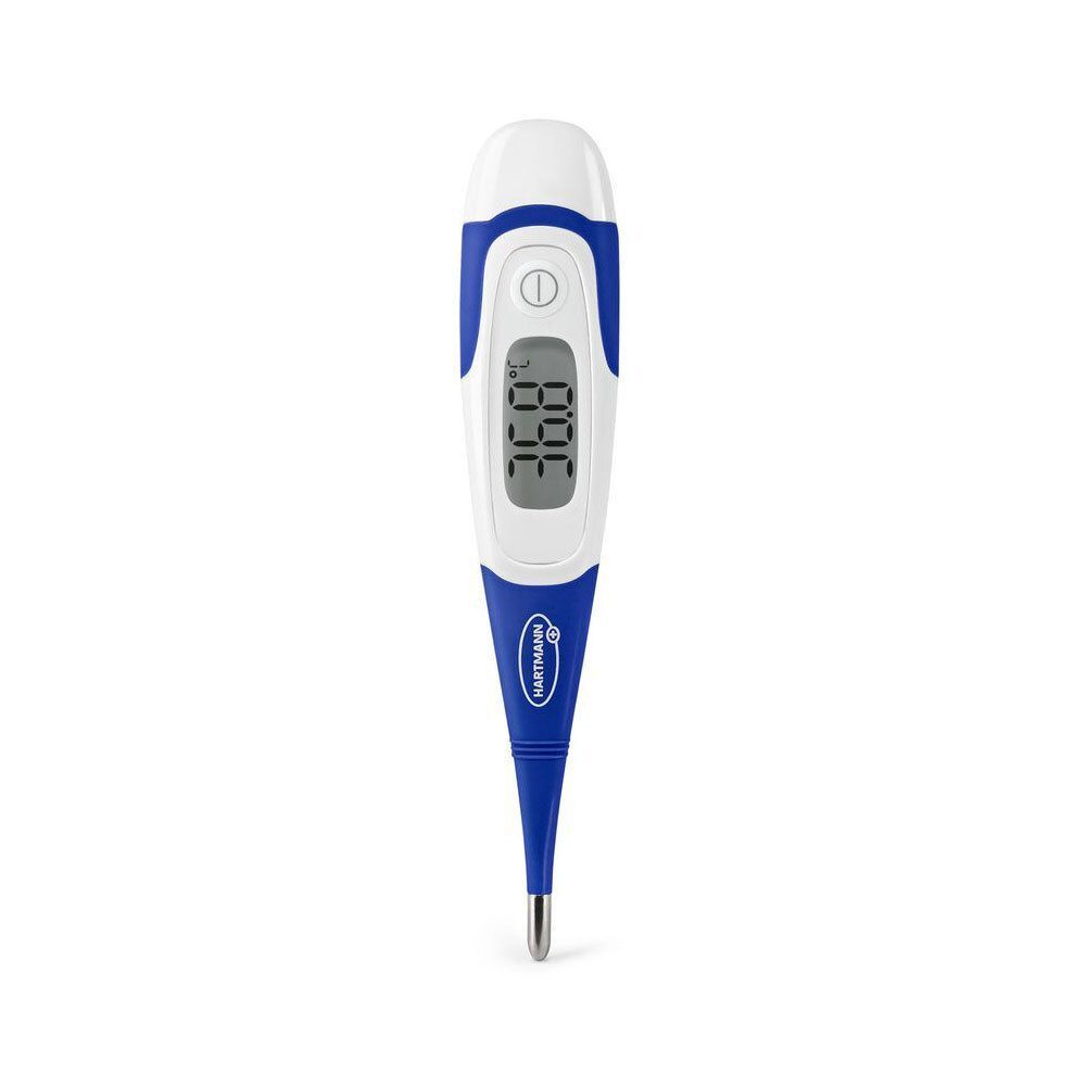 Thermomètre numérique Hartmann Thermoval® Flex. Appareil bleu et blanc avec embout flexible, affichage numérique (36.8°C) et bouton marche/arrêt.