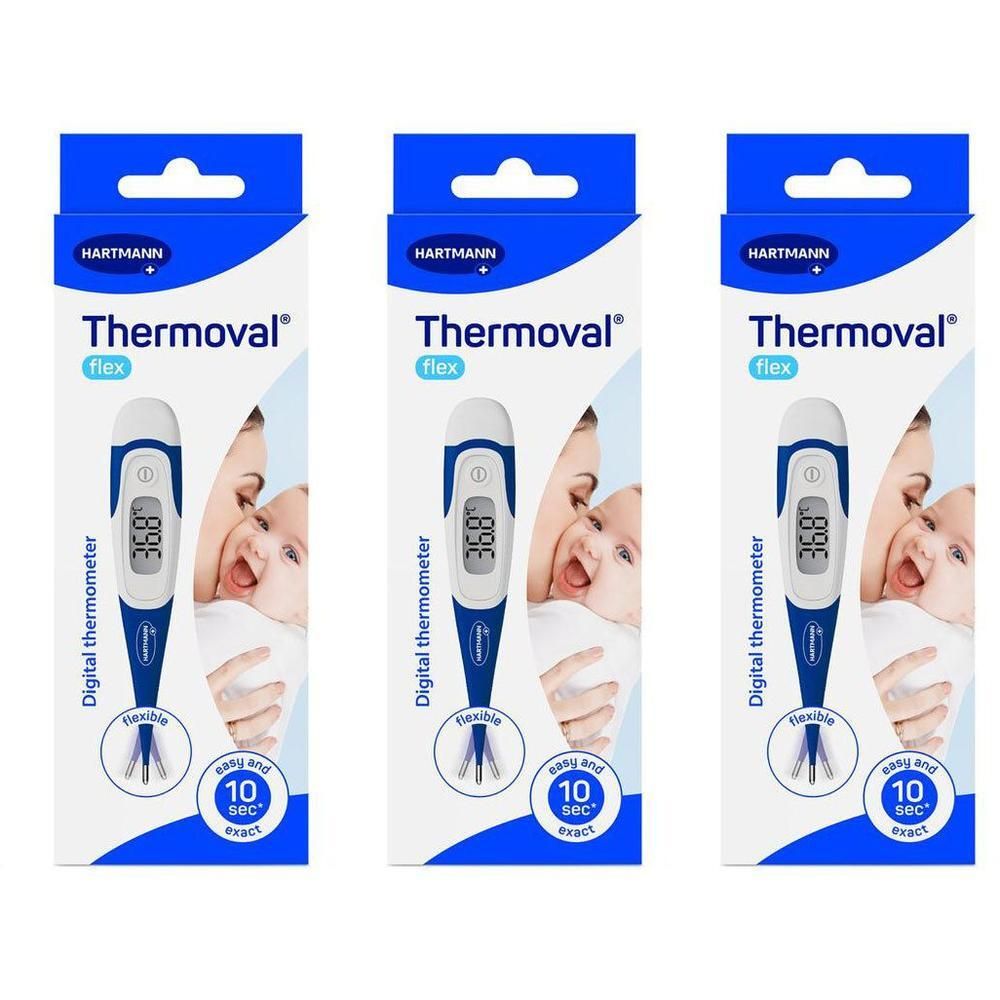Trois paquets de thermomètres numériques Hartmann Thermoval Flex. Emballage bleu et blanc avec illustration de thermomètre et motif de bébé.