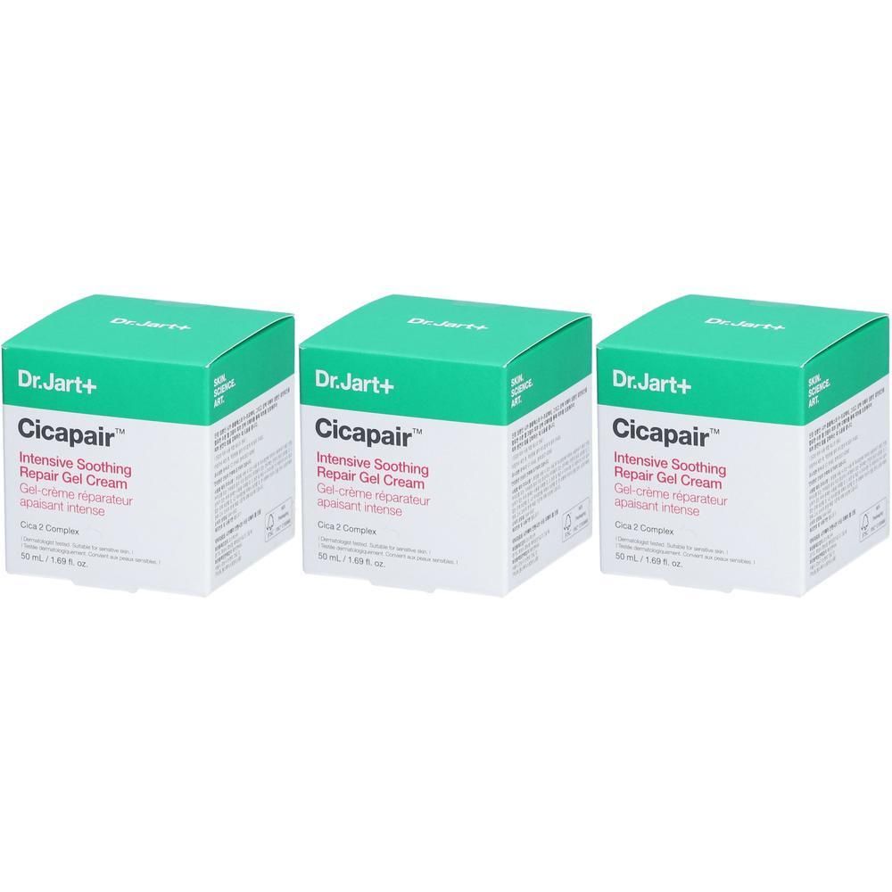 Drie Dr. Jart+ Cicapair™ potten voor intense kalmerende en herstellende crème.