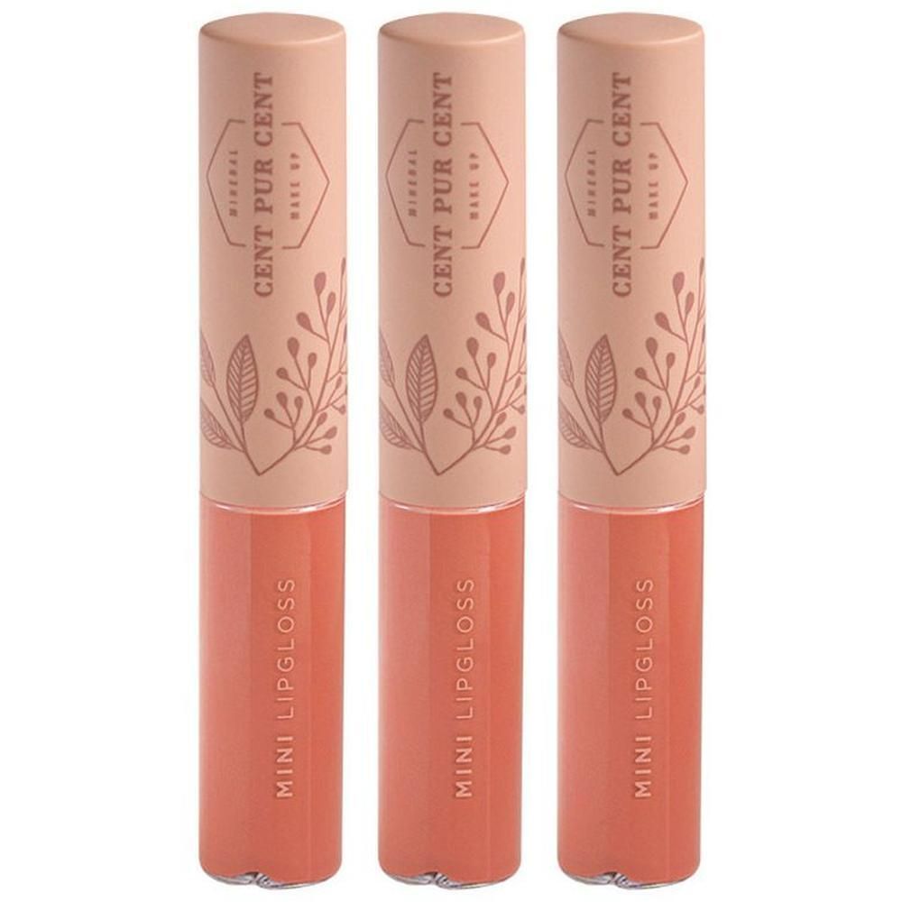 Trois flacons de mini gloss à lèvres Cent Pur Cent, teinte pêche.