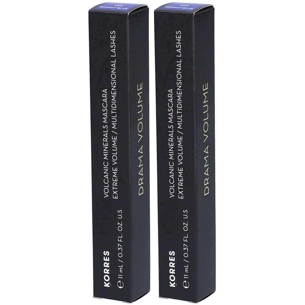 Twee Korres Mascara Volume Drama 03 Bleu in zwarte verpakking.