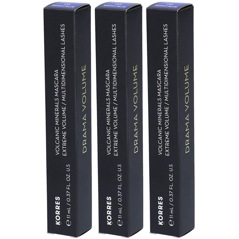 Drie dozen Korres Mascara Volume Drama 03 Bleu, 11 ml.