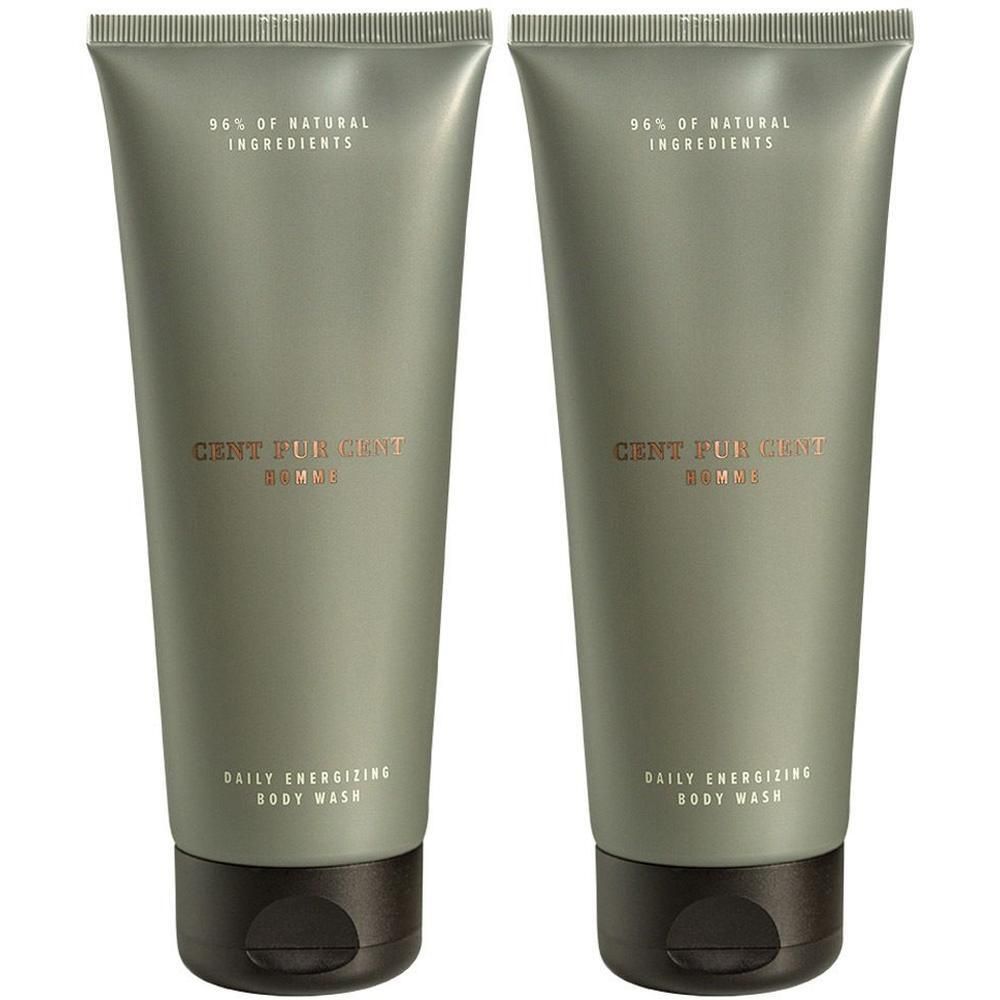 Twee groene tubes dagelijkse revitaliserende douchegel voor mannen. 96% natuurlijke ingrediënten.