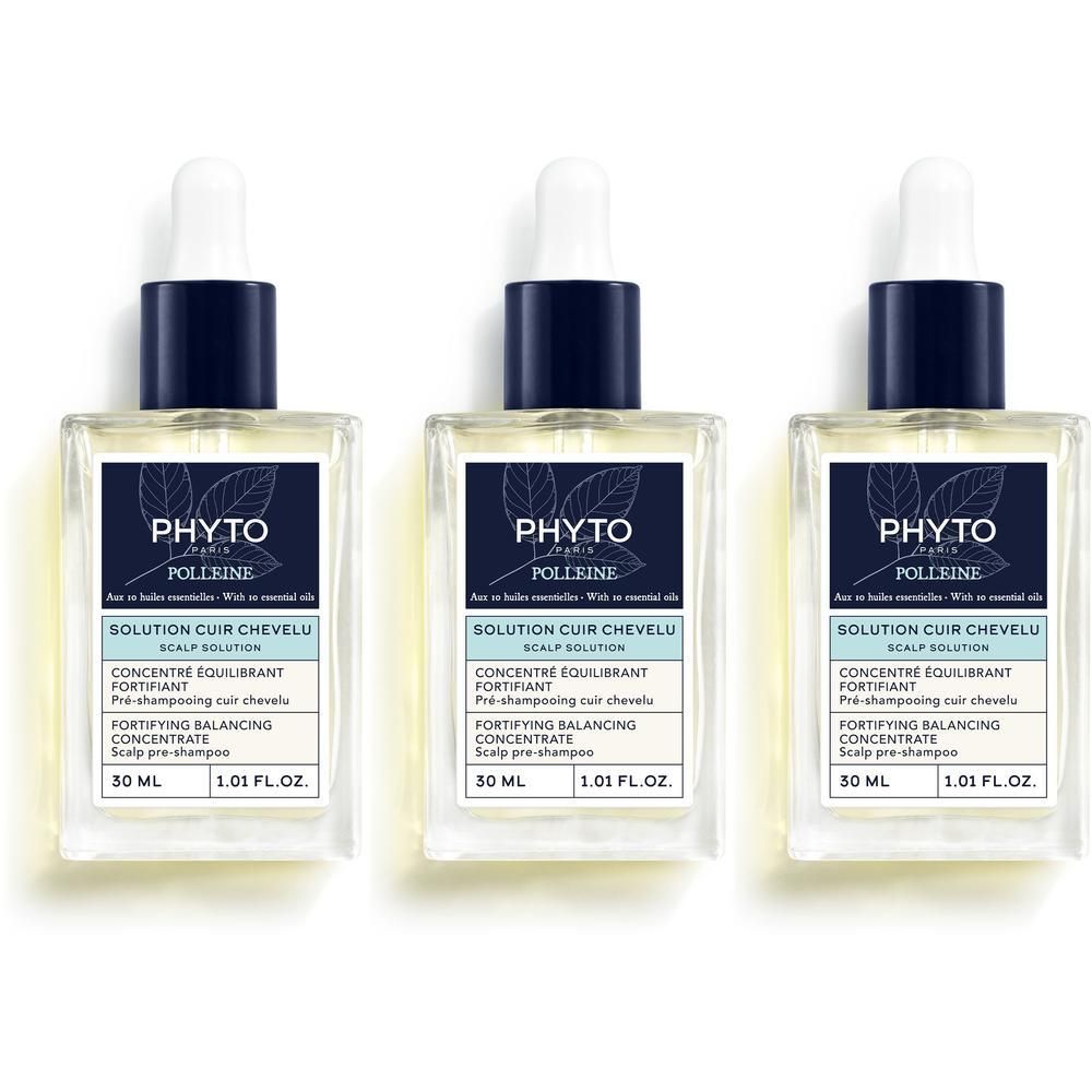 Drie glazen flesjes met druppelaar, Phyto Polleine Solution Cuir Chevelu.