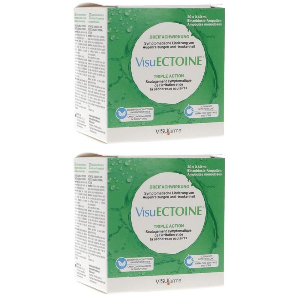 Deux boîtes de gouttes oculaires VisuECTOINE Triple Action. Emballage vert avec détails blancs et bleus.