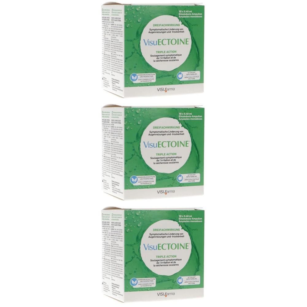 Trois boîtes de VisuECTOINE Triple Action pour les yeux.