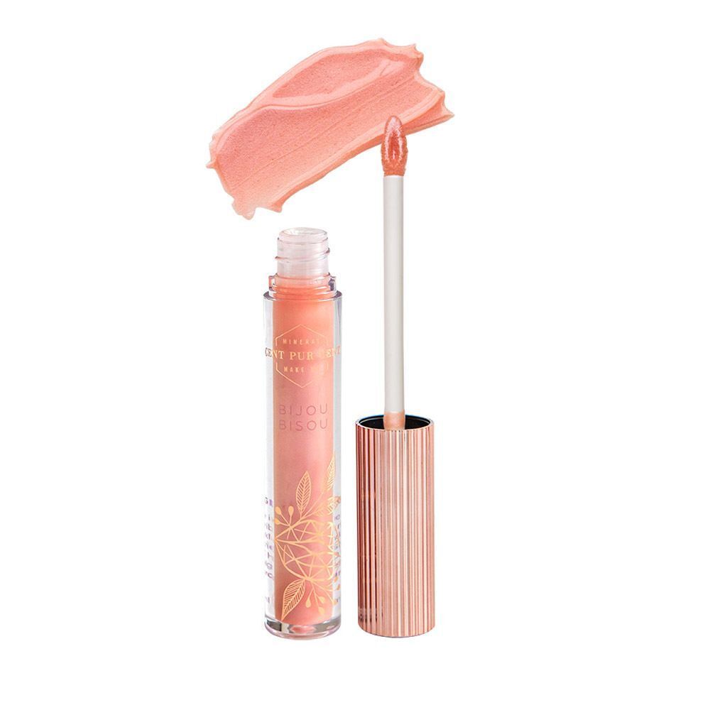Een Cent Pur Cent Bijou Bisou Tiffany lipgloss met applicator en een swatch op witte achtergrond.