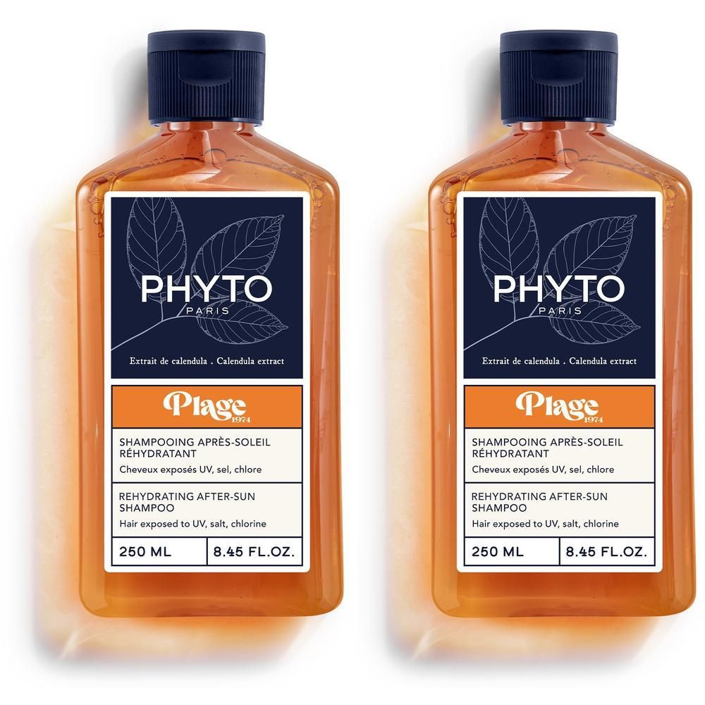 Twee flessen Phyto Plage Shampooing Réhydratant Après-Soleil van 250 ml.