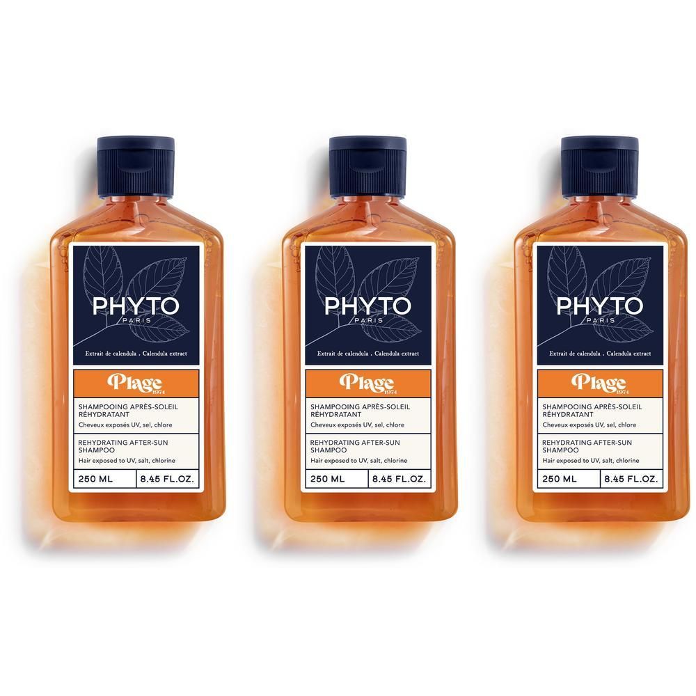 Trois flacons de Phyto Plage Shampooing Réhydratant Après-Soleil, 250 ml chacun.