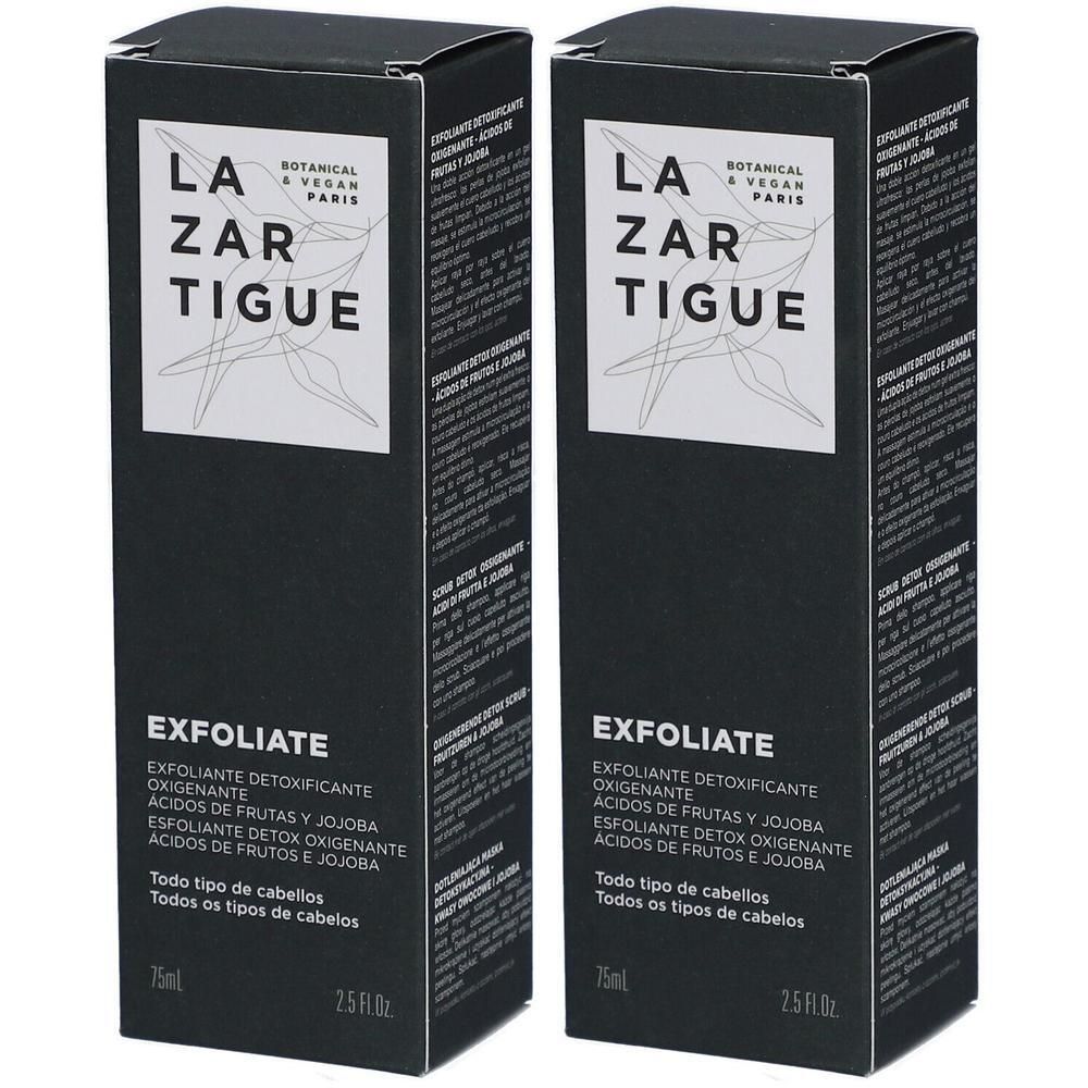 Twee dozen Lazartigue exfoliërende shampoo. Zwarte verpakking met witte tekst en logo.