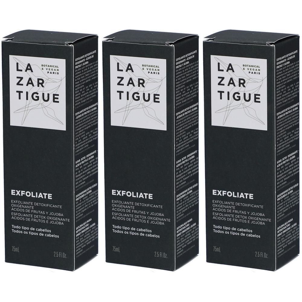 Trois flacons Lazartigue Exfoliate. Emballage sombre avec écriture blanche.
