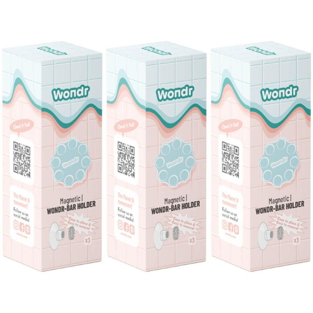 Trois paquets du support magnétique Wondr, rose avec motif ondulé. Affiche un code QR et une illustration du produit.