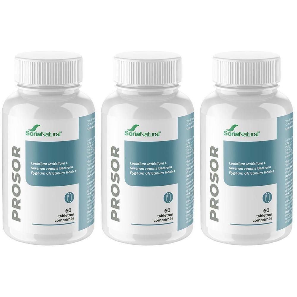 Drie flessen SoriaNatural PROSOR, elk met 60 tabletten.