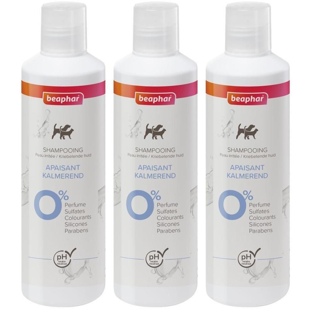 Trois flacons de shampooing apaisant Beaphar pour animaux. 0% parfum, colorants, silicones, parabènes. pH neutre.