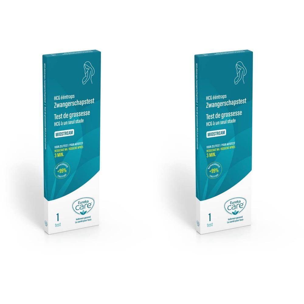 Twee pakken EUREKA Care zwangerschapstests. Blauwe doos met witte en turquoise accenten.