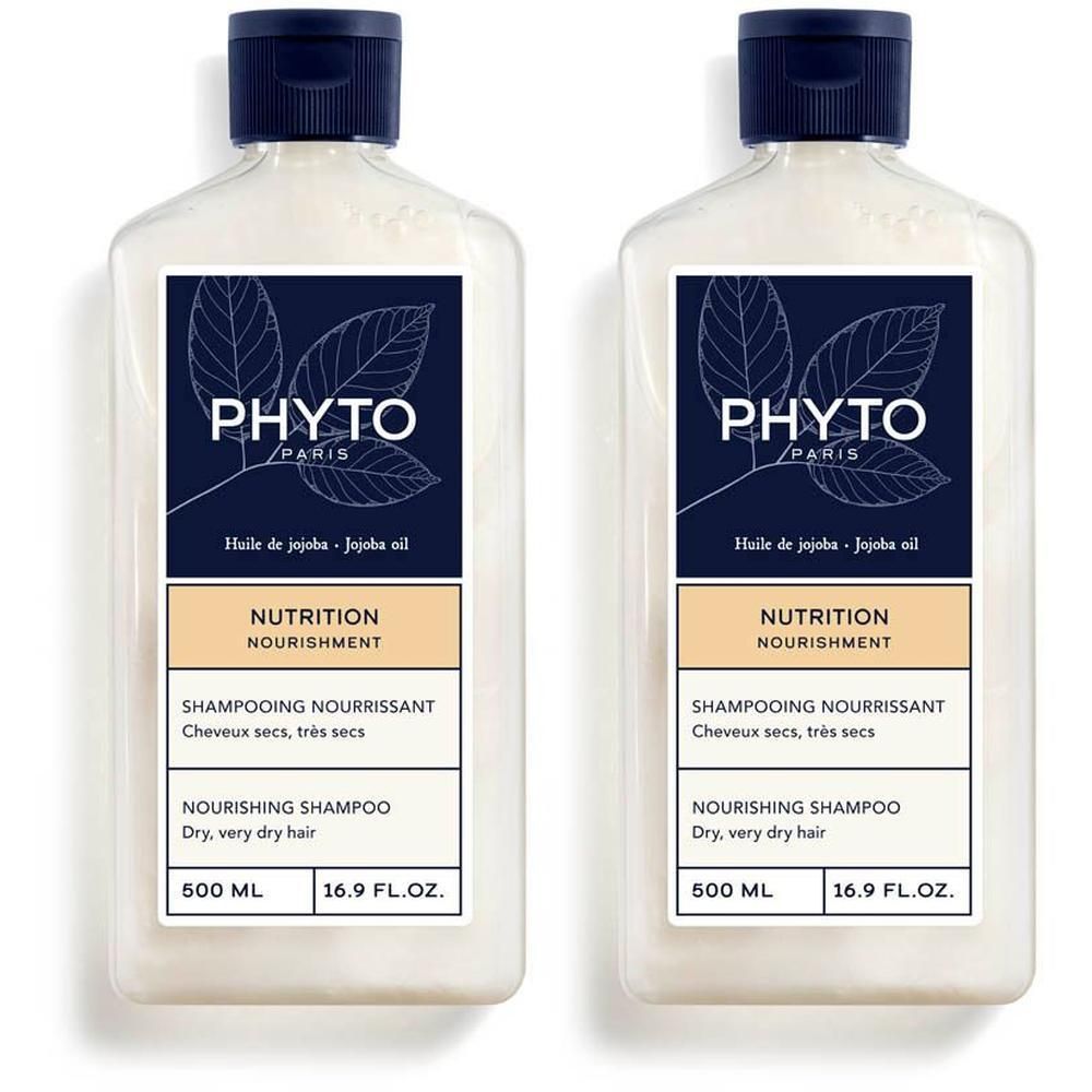 Deux flacons de Phyto Nutrition Shampooing Nourrissant, 500 ml.