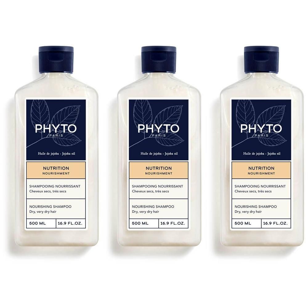 Trois bouteilles de Phyto Nutrition Shampooing Nourrissant à l'huile de jojoba pour cheveux secs.