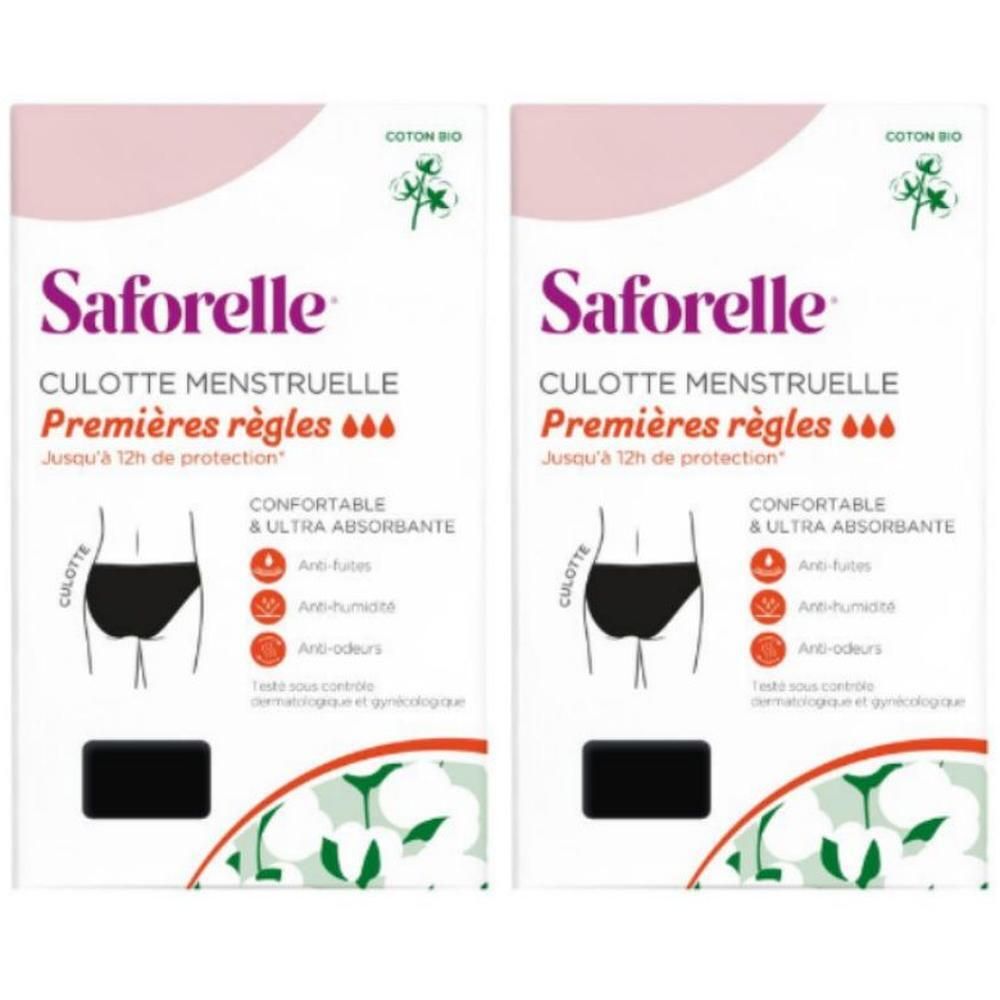 Deux paquets de culottes menstruelles Saforelle pour les premières règles. Protection jusqu'à 12h. Confortable et ultra absorbante.