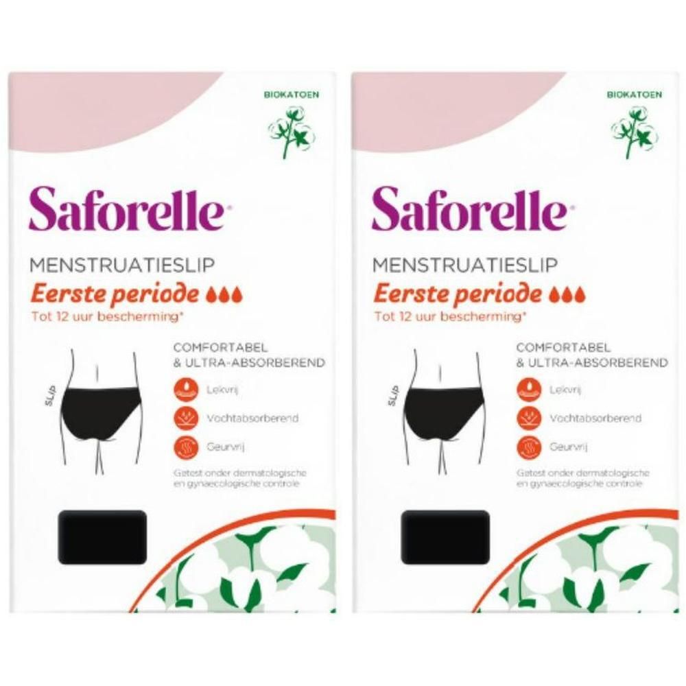 Twee pakken Saforelle menstruatieslips voor de eerste periode. Bieden tot 12 uur bescherming. Comfortabel en ultra-absorberend.