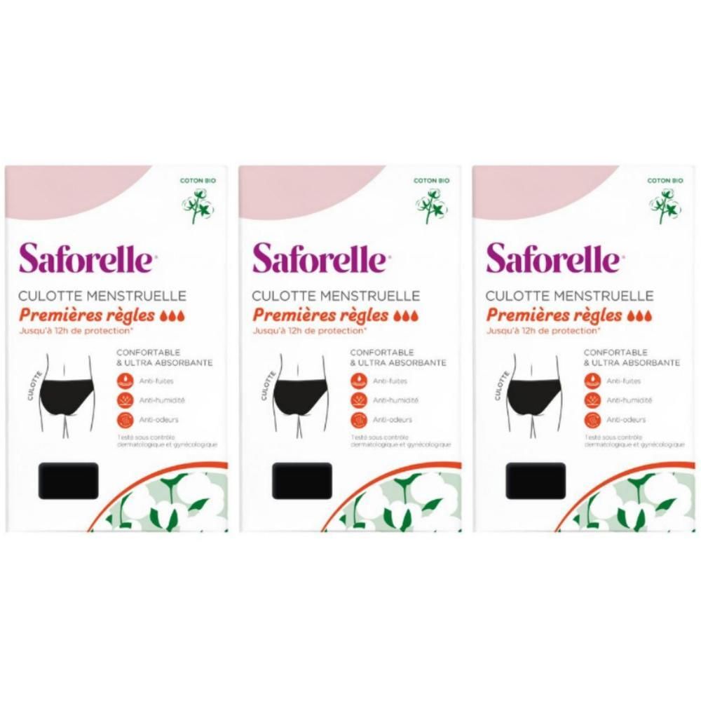 Trois paquets de culottes menstruelles Saforelle Premières règles, illustrés de culottes et de feuilles de coton.