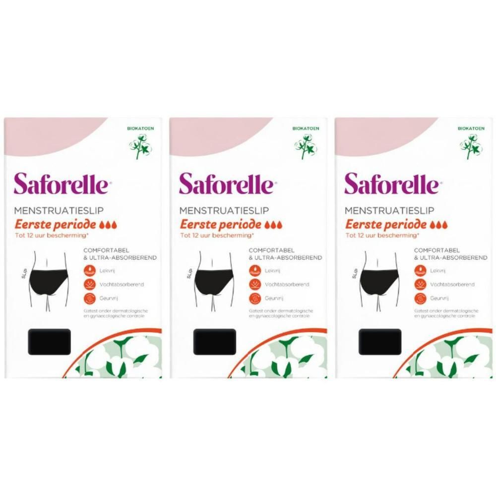 Drie pakken Saforelle menstruatieslips voor de eerste periode, met afbeeldingen van slips en katoenbladeren.
