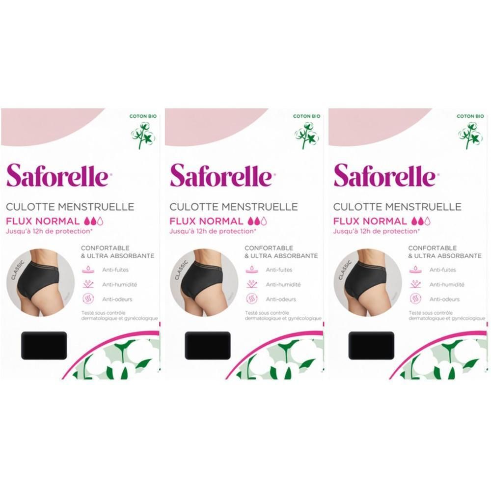 Culotte menstruelle Saforelle, flux normal, lot de 3. Noir, coton. Confortable et ultra absorbante.