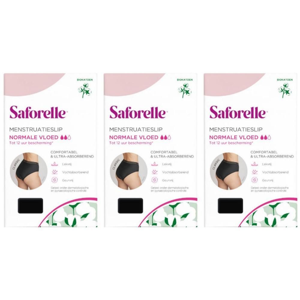 Drie pakken Saforelle menstruatieslips, normale flow, maat 44, zwart.