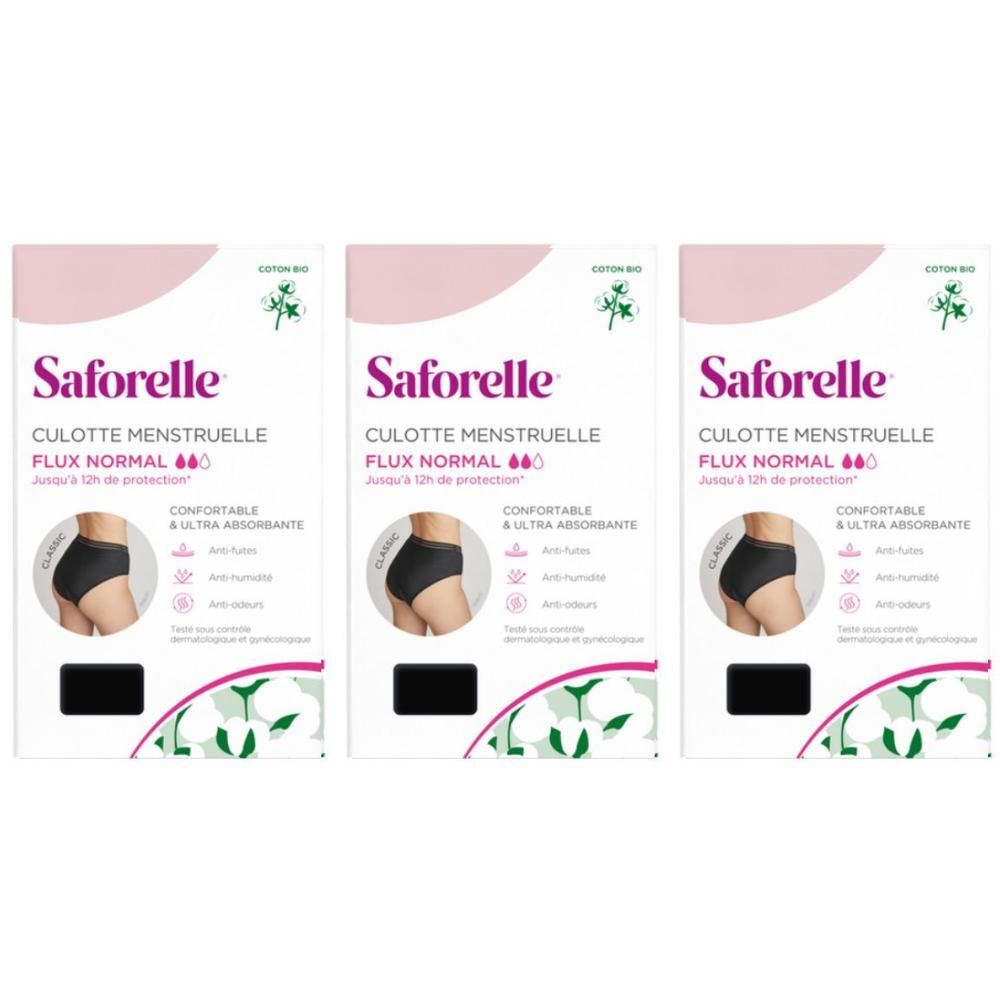 Trois paquets de culottes menstruelles Saforelle, flux normal, taille 48, noires.