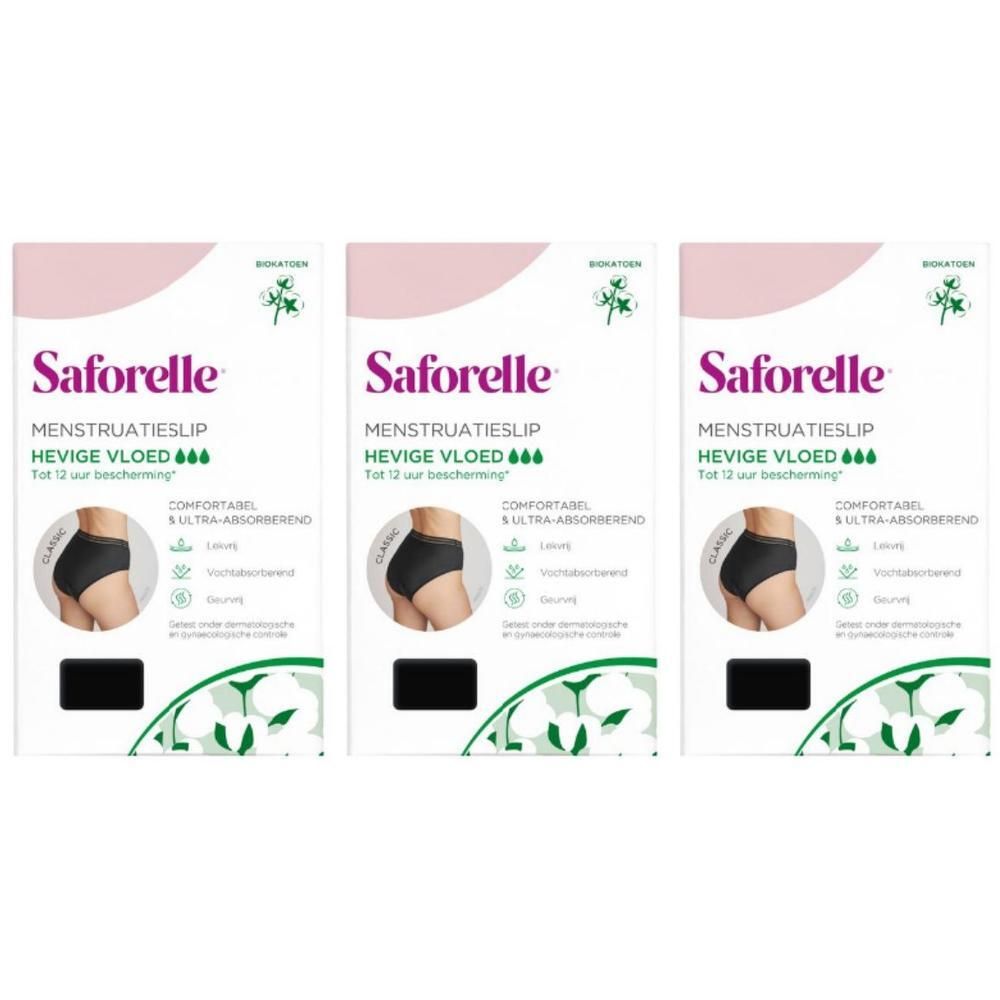 Drie pakken Saforelle menstruatieslips voor zware vloed, maat 46, zwart.