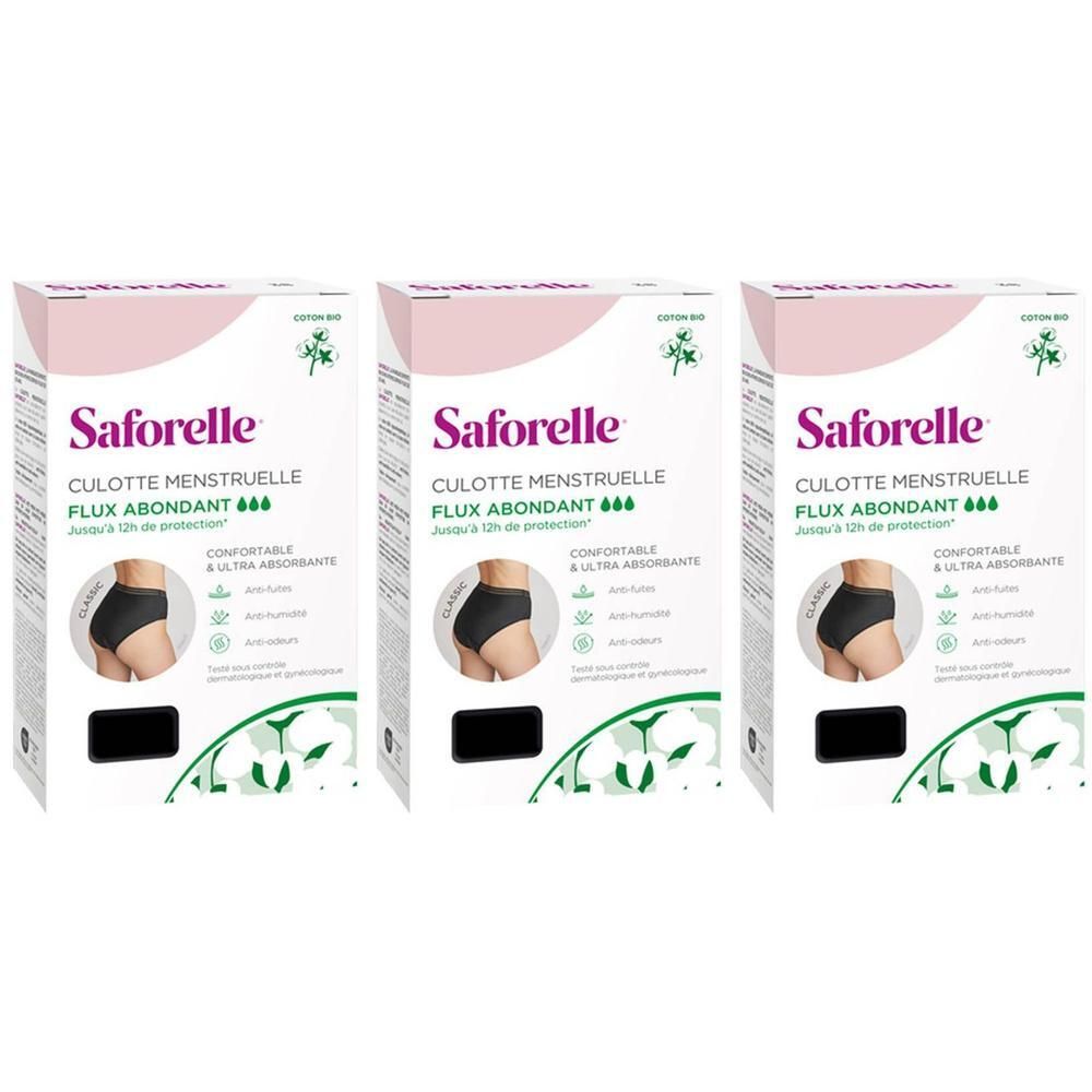 Trois paquets de culottes menstruelles Saforelle Flux Abondant, taille 48. Culottes noires taille haute.