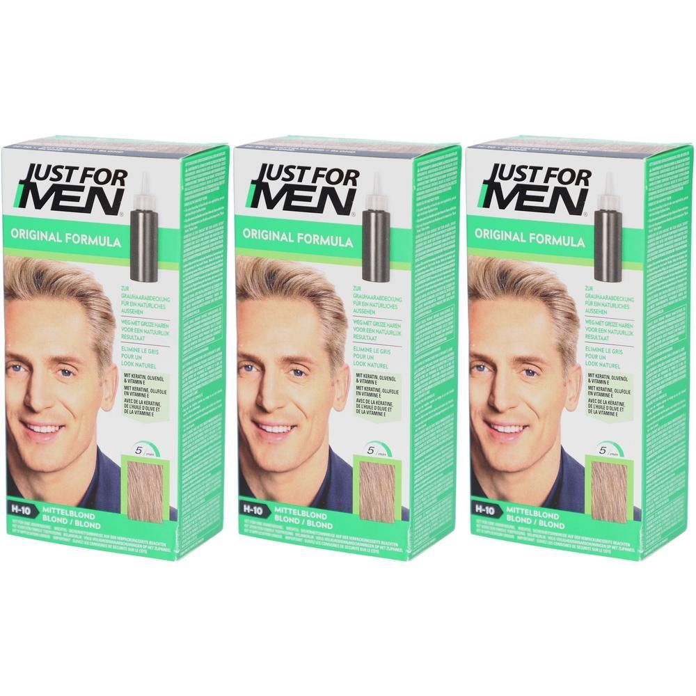 Drie pakken Just For Men Haarkleur Blond H-10. Toont man met blond haar.