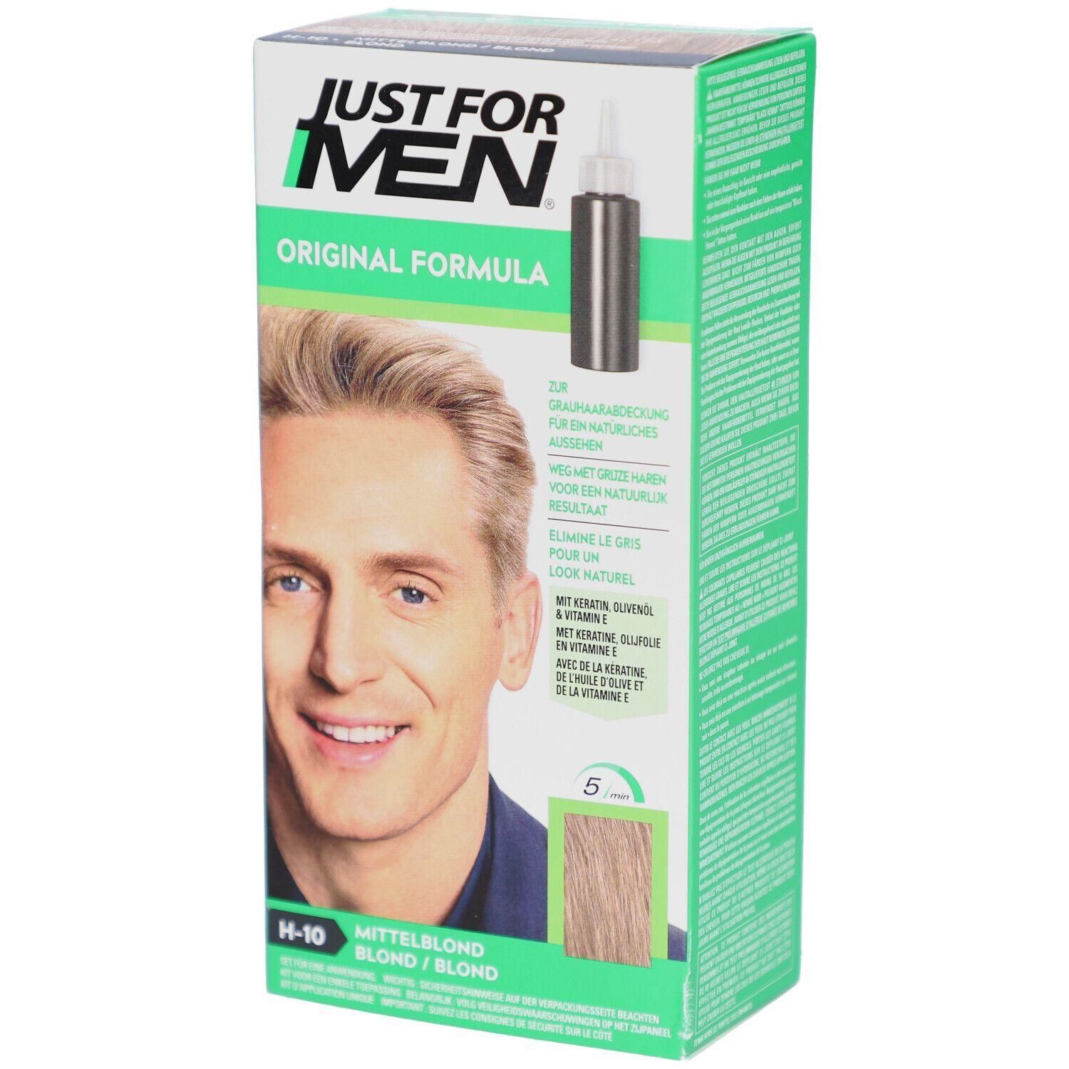 Just For Men Haarkleuring H-10 Middelblond. Doos met afbeelding van man en kleurstalen.