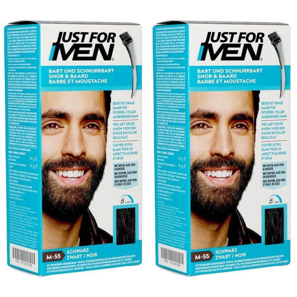 Twee pakken Just For Men Baardkleuring M-55 Zwart. Toont man met baard en snor.
