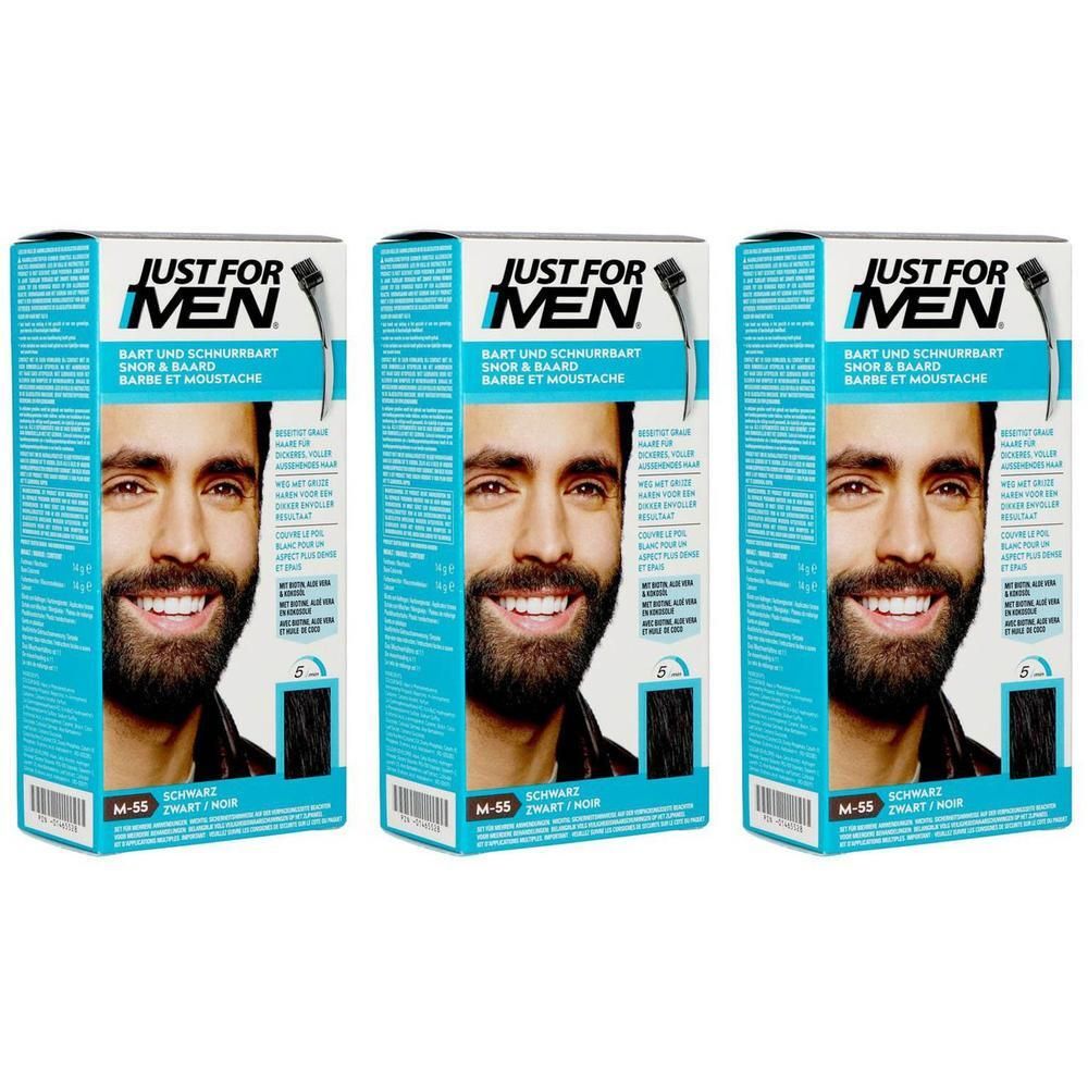 Trois boîtes de teinture pour barbe et moustache Just For Men Noir M-55. Montre des visages d'hommes avec une barbe foncée.