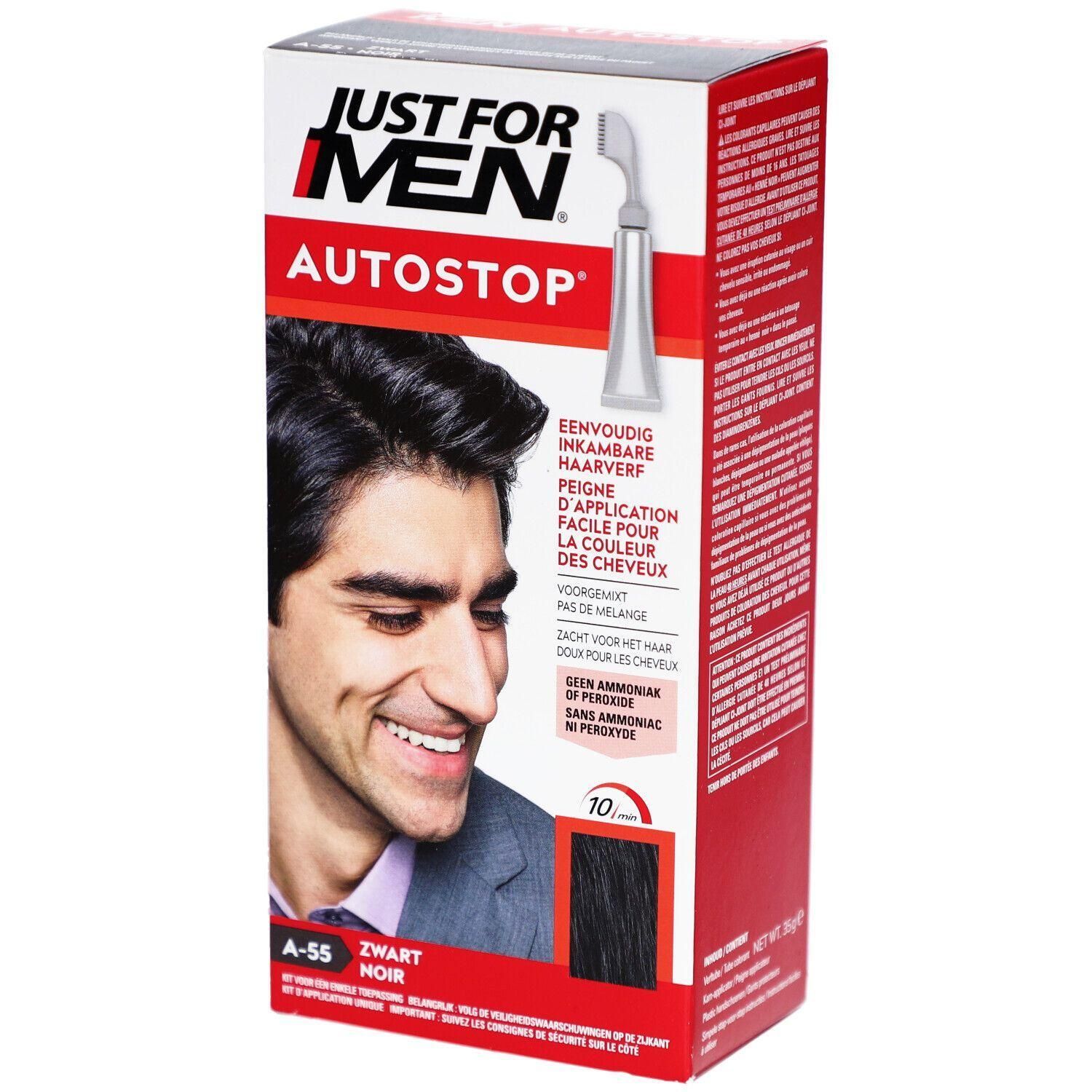Just For Men Autostop Coloration A-55 Noir. Boîte montrant un homme aux cheveux foncés et un applicateur.