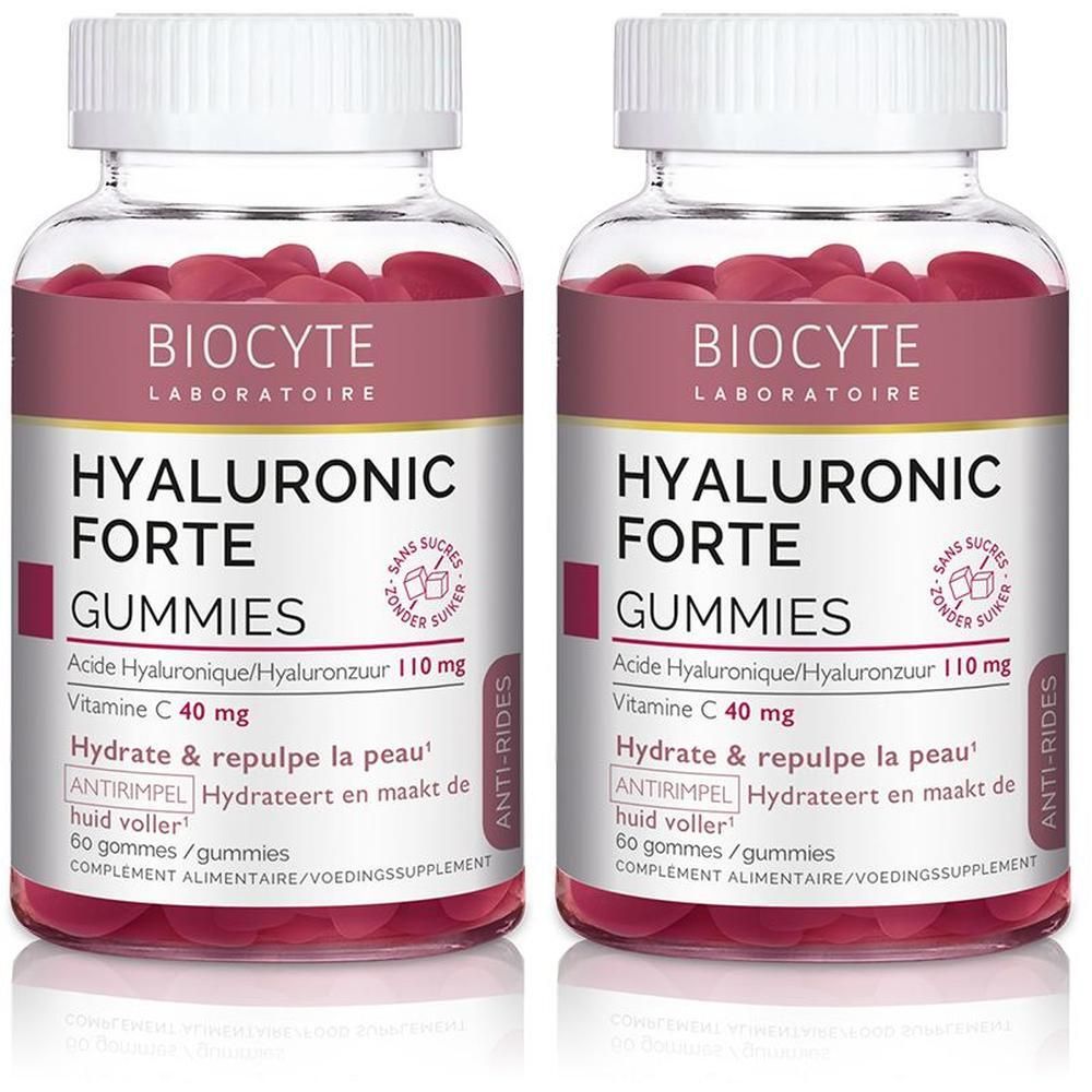 Deux flacons de Biocyte Hyaluronic Forte Gummies. Contient de l'acide hyaluronique et de la vitamine C.