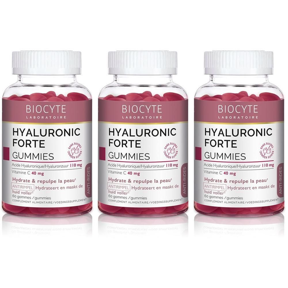 Trois flacons de Biocyte Hyaluronic Forte Gummies avec acide hyaluronique et vitamine C.