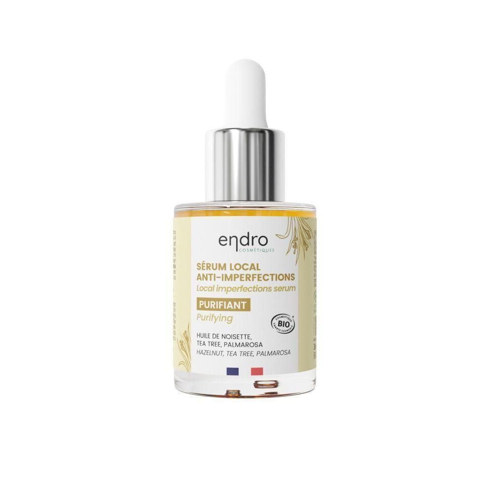 Sérum Endro Anti-Imperfections: Sérum clair en flacon verre avec pipette. Logo Bio.