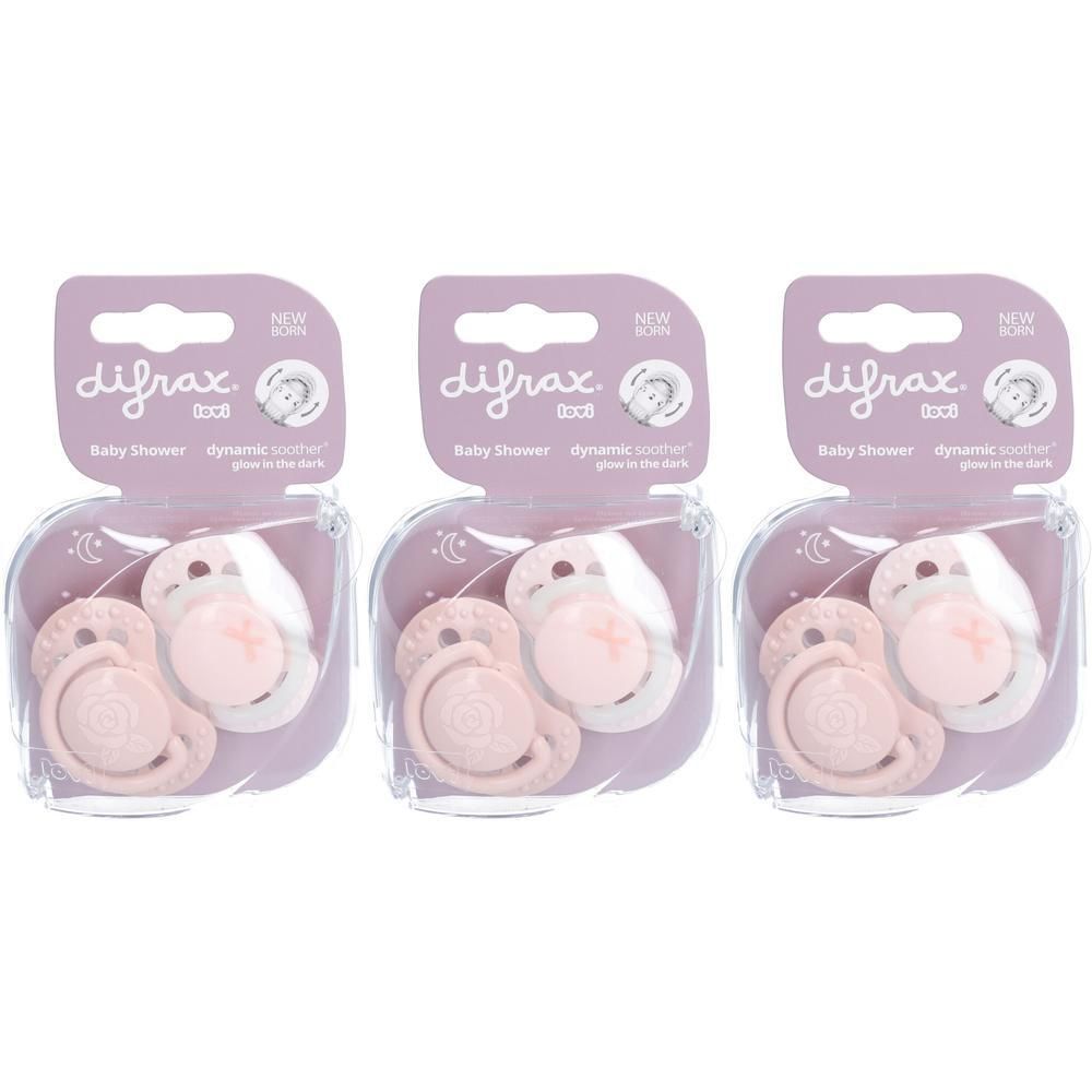 Drie Difrax Baby Shower fopspenen in roze, 0-2 maanden, in dubbelverpakking.