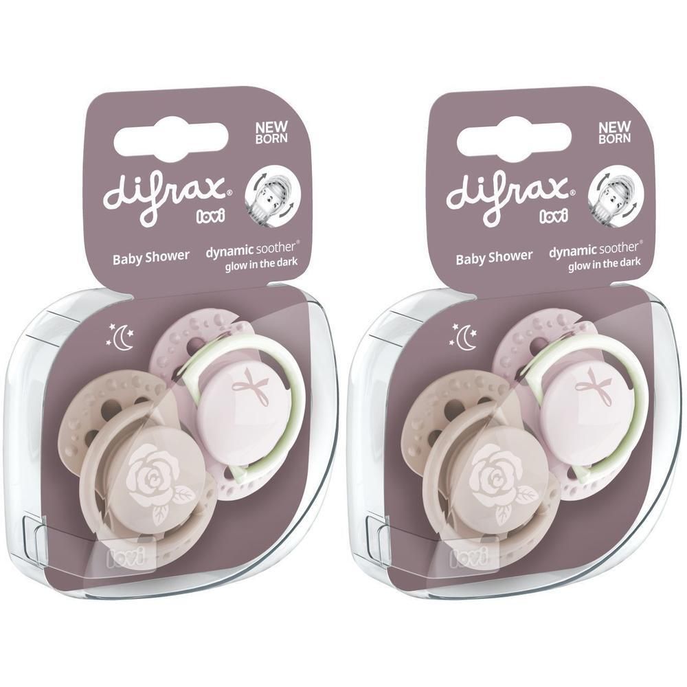 Deux sucettes Difrax Baby Shower, rose-blanc, pour nouveau-nés, phosphorescentes.