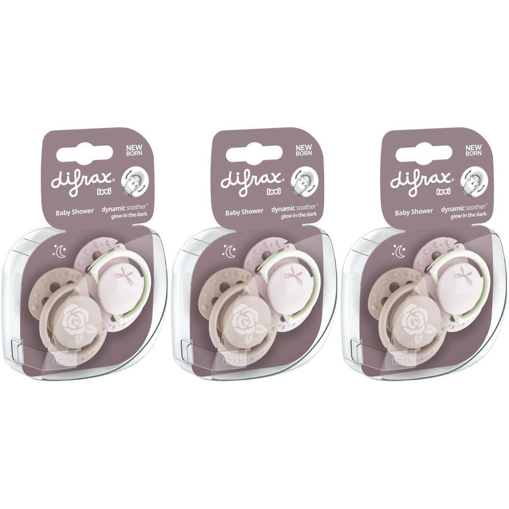Drie Difrax Baby Shower fopspenen in roze en wit, 0-2 maanden, met bloemenmotief.