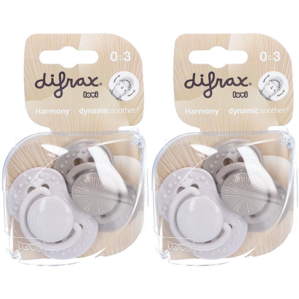 Deux sucettes Difrax Harmony Dynamic Gris clair et Gris foncé pour 0-3 mois.
