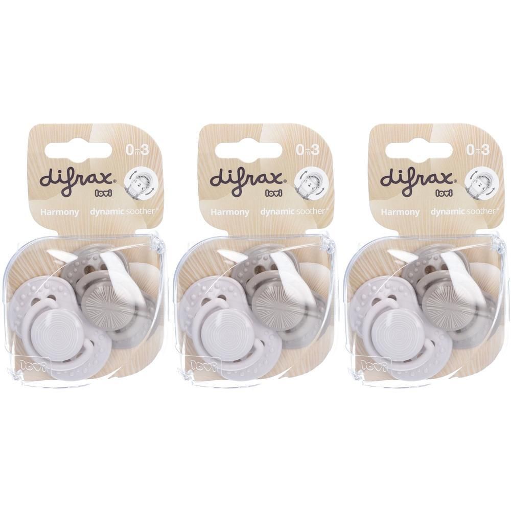 Trois sucettes Difrax Harmony Dynamic, 0-3 mois, gris clair et gris foncé.