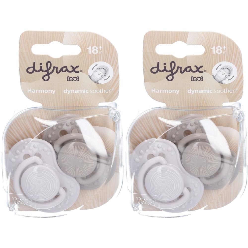 Deux sucettes Difrax Harmony Dynamic pour bébés de 18 mois et plus, de couleurs neutres.